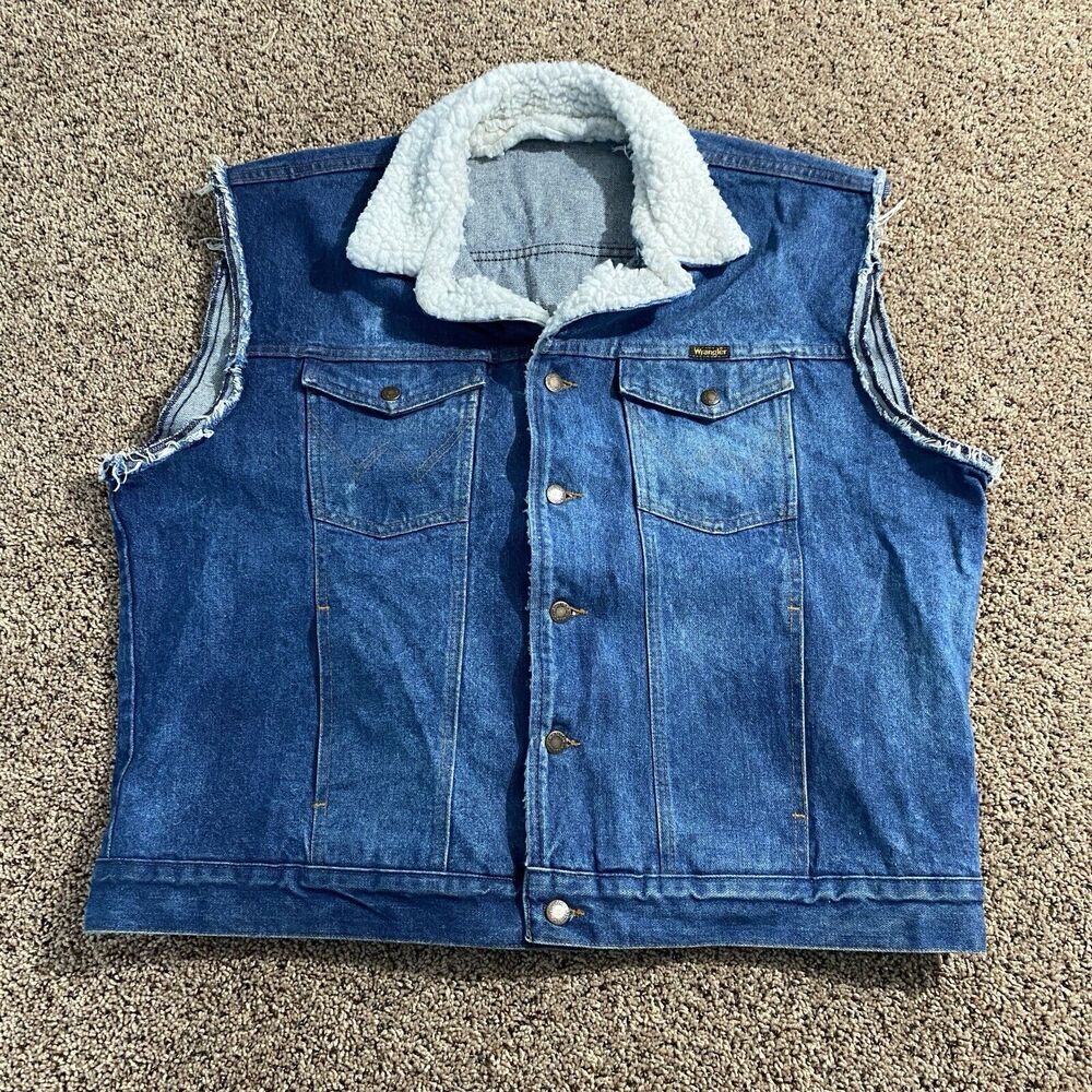 Wrangler Sherpa Collar Blue Denim Vest‎ Men's XXL Western Cowboy Rodeo
